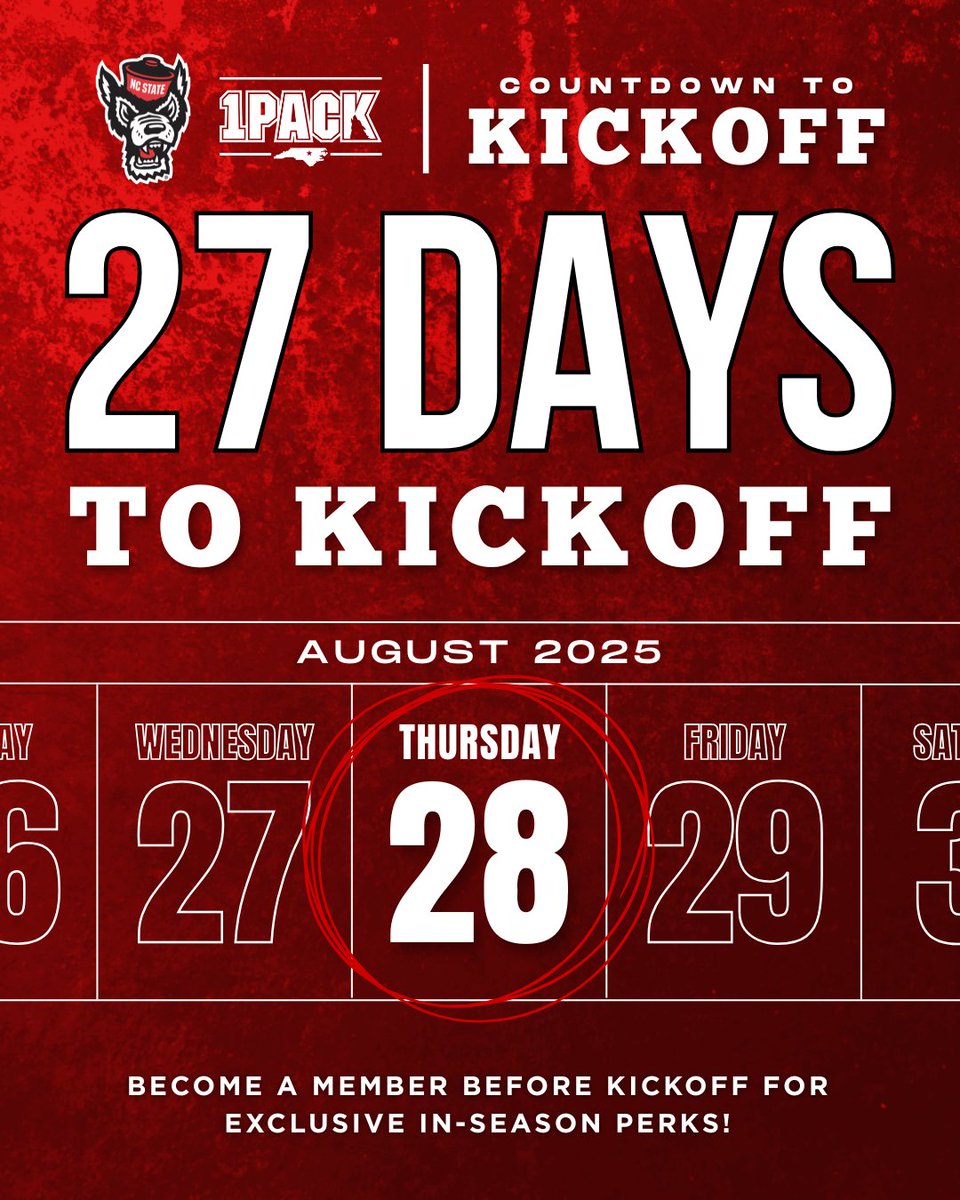 .<a href="/PackFootball/">NC State Football</a> plays this month! 🥹🙌

27 days to kickoff... You know what to do 👇

#1Pack1Goal #OnePackNIL