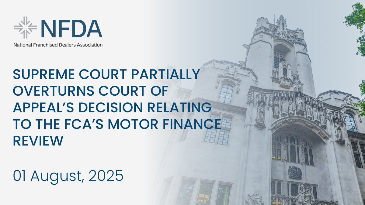 📢Today the Supreme Court announced that it has partially overturned the Court of Appeal's Decision in relation to the FCA’s Motor Finance Review. 

Please see the link for our full statement: nfda-uk.co.uk/press-room/pre…