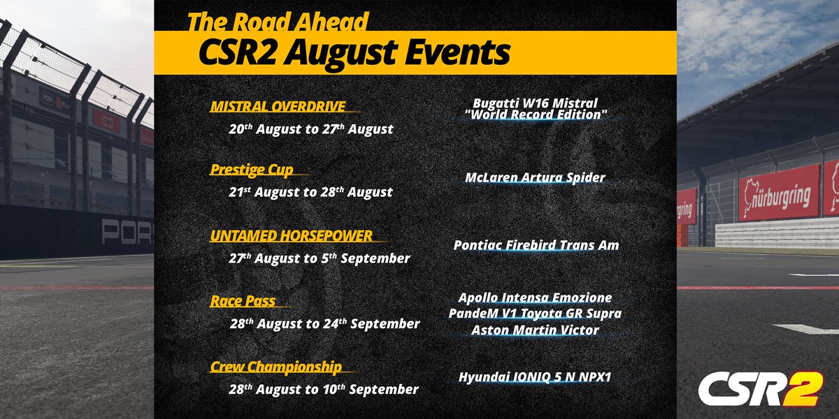 August is here, and so are epic new challenges! Your roadmap to racing glory awaits. Let's roll! 🚘⚡

Play #CSR2 here: zynga.social/csr2x

#DragRacing #AugustEvents #CSR2Events