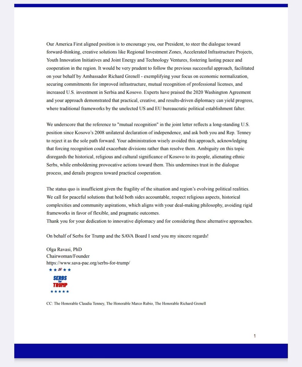 SerbsFor's tweet photo. 📢On behalf of @SerbsFor & #SAVAPAC Board #DrRavasi pens response to @RepTenney letter, encouraging @POTUS & @SecRubio to focus on Serbia/Kosovo issue with creative diplomacy, as brokered by @RichardGrenell in 2020, avoiding escalating political tensions.
@realDonaldTrump https://t.co/F0Wpb8nTp4