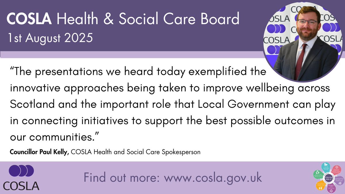 COSLA (@cosla) on Twitter photo Today the COSLA Health & Social Care Board met to discuss important matters, including information governance, Public Analyst Laboratories and prison social care. Members heard from <a href="/SuicidePrevScot/">Suicide Prevention Scotland</a>, <a href="/SPFLTrust/">SPFL Trust</a> & <a href="/P_H_S_Official/">Public Health Scotland</a>.
<a href="/cllrpaulkelly/">Paul Kelly 🇺🇦</a> commented following the meeting. Today the COSLA Health & Social Care Board met to discuss important matters, including information governance, Public Analyst Laboratories and prison social care. Members heard from <a href="/SuicidePrevScot/">Suicide Prevention Scotland</a>, <a href="/SPFLTrust/">SPFL Trust</a> & <a href="/P_H_S_Official/">Public Health Scotland</a>.
<a href="/cllrpaulkelly/">Paul Kelly 🇺🇦</a> commented following the meeting.