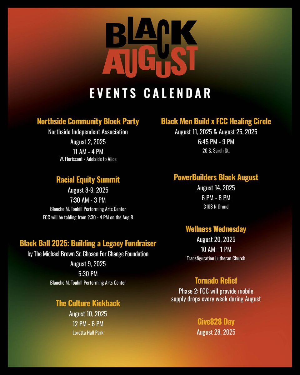 Freedom Community Center (@fccstlouis) on Twitter photo We're celebrating Black August! ✊🏾 Join us in commemorating the political prisoners and revolutionaries forwarding the Black Freedom Struggle.
Save the Dates! 🙌🏾 This Black August, <a href="/FCCStLouis/">Freedom Community Center</a> is committing to collective resistance and wellness through joy, study, and action. We're celebrating Black August! ✊🏾 Join us in commemorating the political prisoners and revolutionaries forwarding the Black Freedom Struggle.
Save the Dates! 🙌🏾 This Black August, <a href="/FCCStLouis/">Freedom Community Center</a> is committing to collective resistance and wellness through joy, study, and action.
