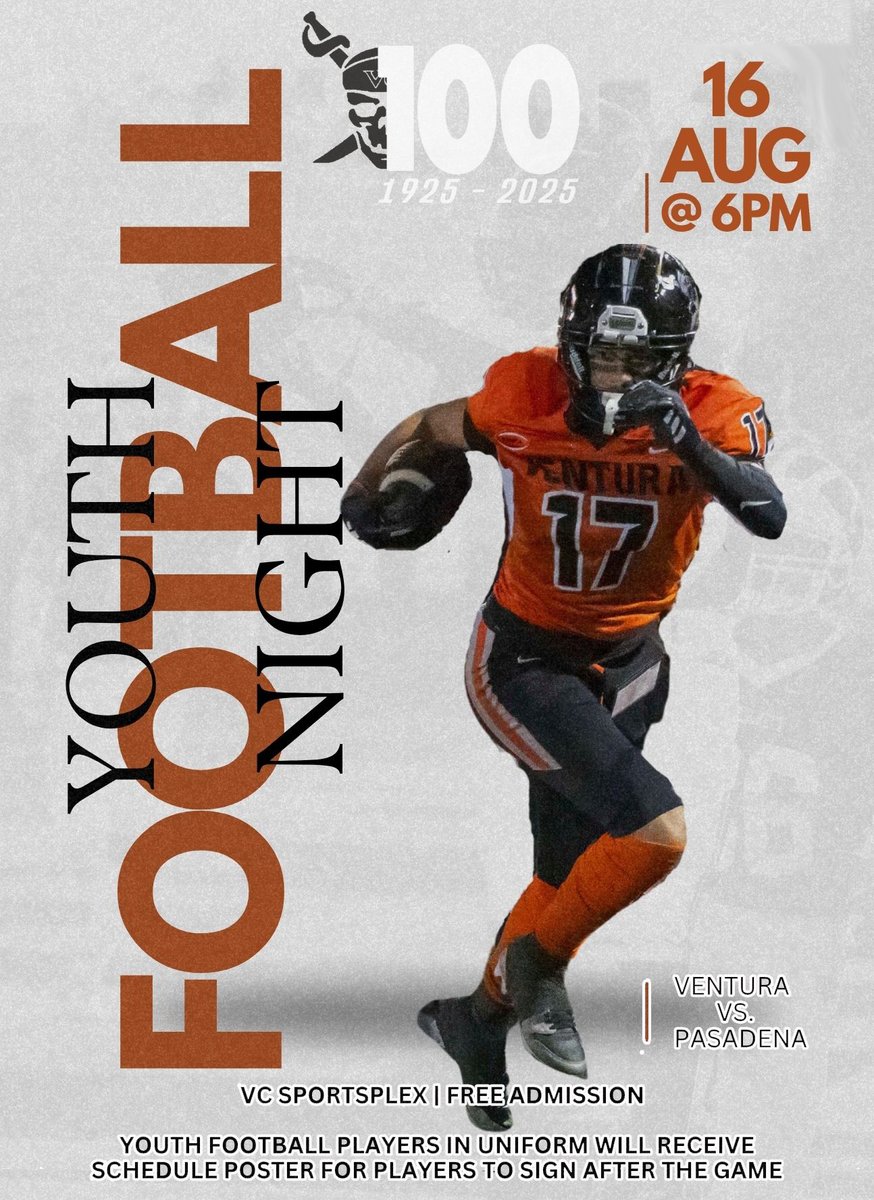VCPirateAthletics (@vcathletics) on Twitter photo <a href="/VCAthletics/">VCPirateAthletics</a>  kicks off our 100th year with a scrimmage featuring <a href="/VCPirateFB/">Ventura College Football</a> on Sat. Aug. 16 at 6 pm at the VC Sportsplex against Pasadena. It will be Youth Football Night, and all area youth football players are invited. Schedule posters & autograph session! FREE Admission! <a href="/VCAthletics/">VCPirateAthletics</a>  kicks off our 100th year with a scrimmage featuring <a href="/VCPirateFB/">Ventura College Football</a> on Sat. Aug. 16 at 6 pm at the VC Sportsplex against Pasadena. It will be Youth Football Night, and all area youth football players are invited. Schedule posters & autograph session! FREE Admission!