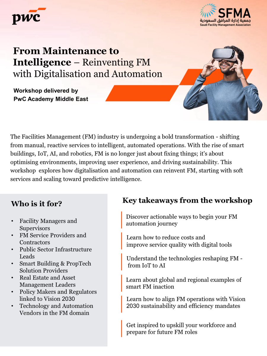 sfmaorg's tweet photo. Discover the impact of #AI on #Facility_Management !

Your chance now to attend two intensive training sessions presented by @PwCAcademyME and @sfmaorg

Saturday, August 23, in English.
A pre-event of #SFMAexpo, held from August 24-26
Register here 👇🏻

https://t.co/Q3ClQKV2TG https://t.co/G8eCbmjtpN
