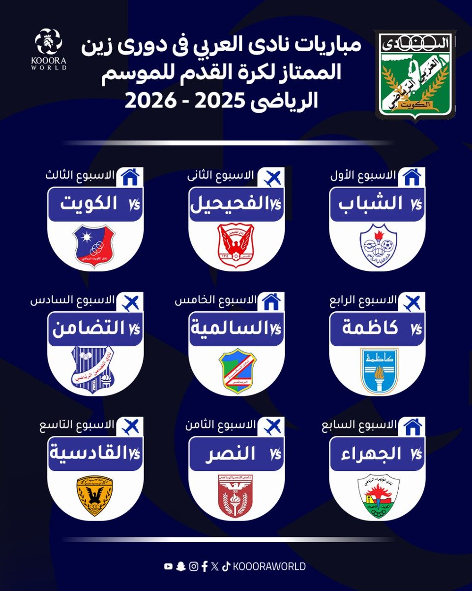 جدول مباريات النادي #العربي في #دوري_زين الممتاز للموسم الجديد - القسم الأول 🔥
@Alarabi_SC .