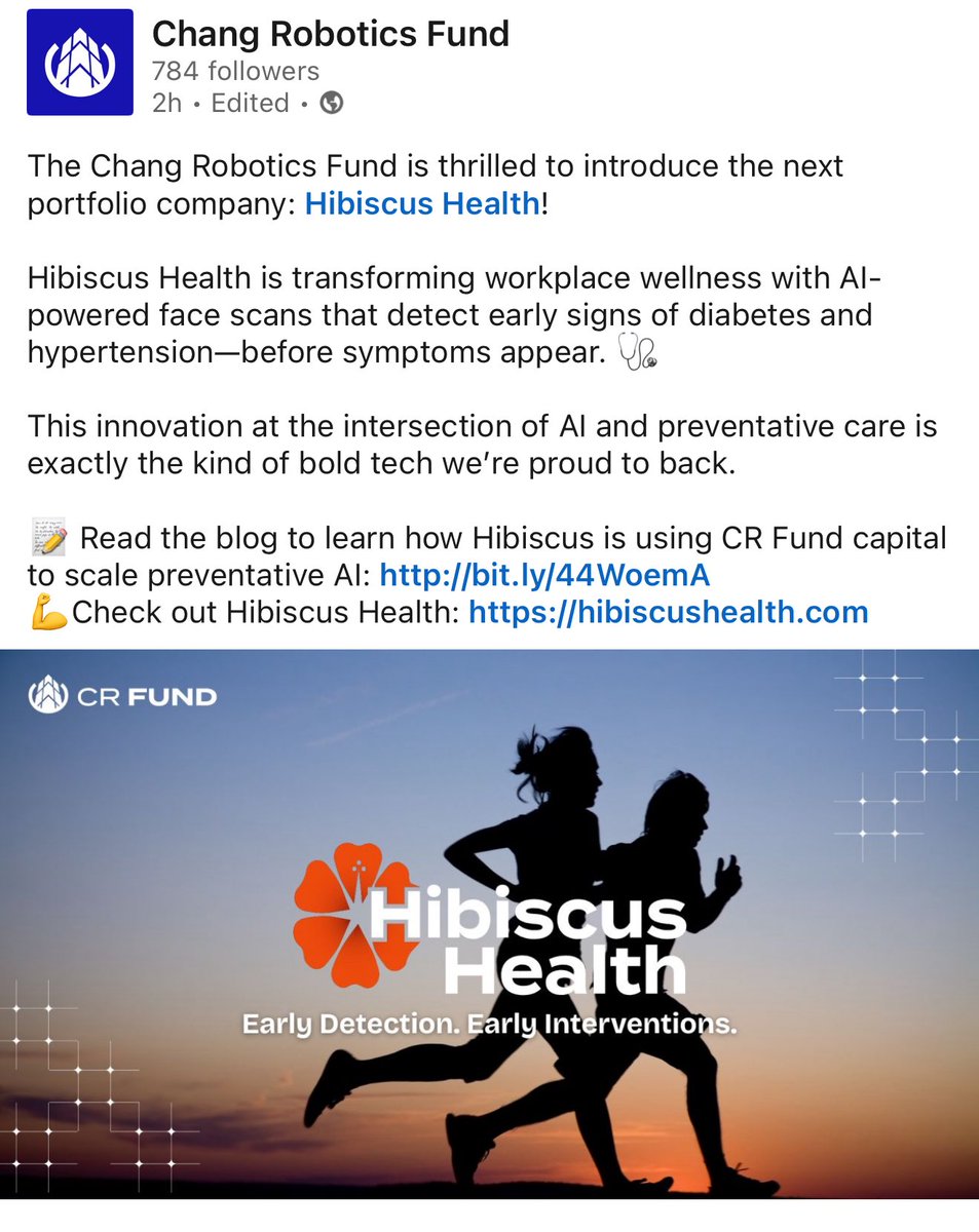 Stoked to be joining the team at <a href="/HibiscusApp/">Hibiscus Health</a> to prioritize metabolic health.  Hibiscus is an American company using AI to democratize real time health feedback.

No more waiting for blood panels… get your metabolic panel in minutes!

<a href="/ChangRobotics/">Chang Robotics</a>