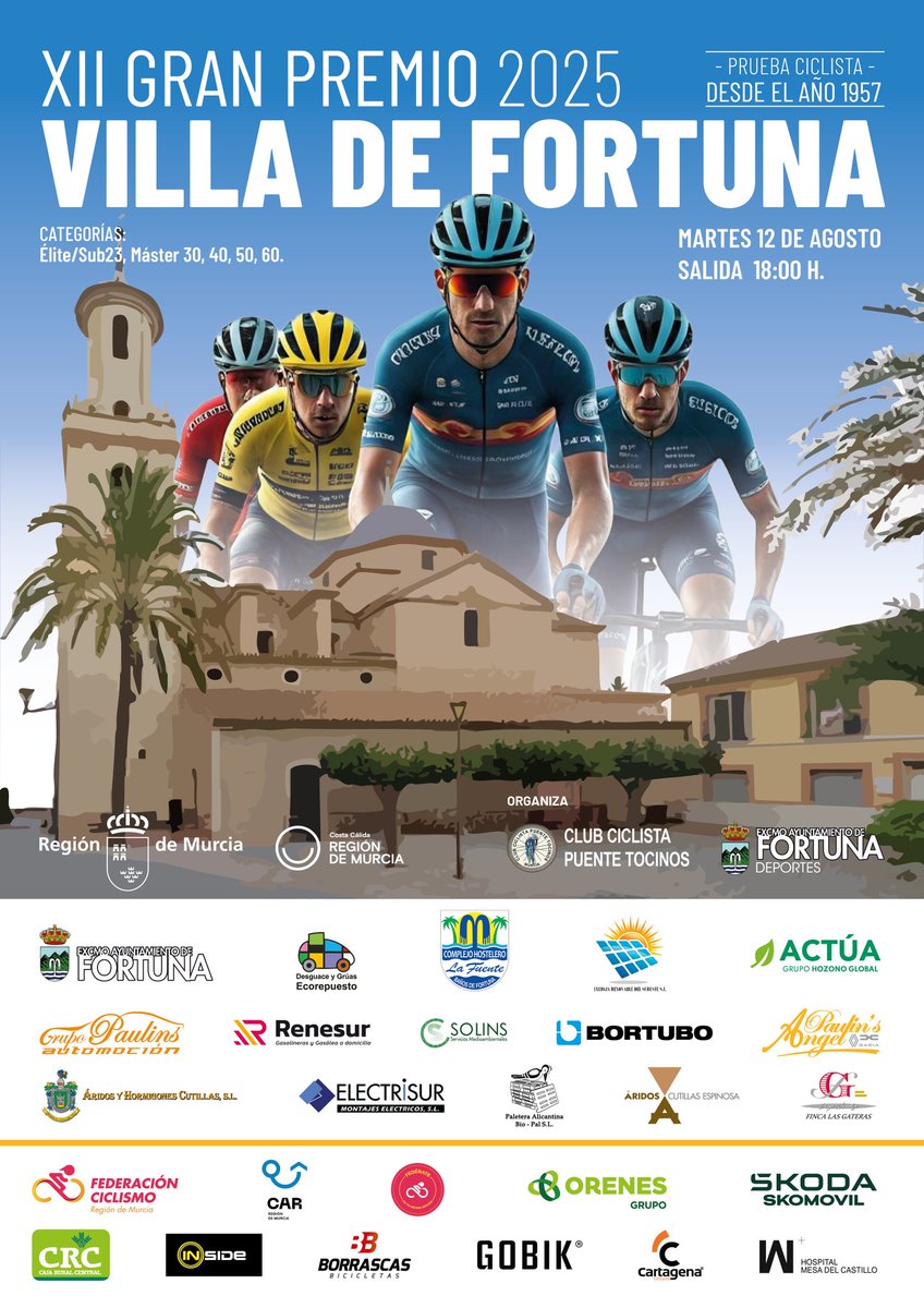 Ya está aquí la carrera del verano 🌞

🚴‍♂️🚴‍♀️ El GP Villa de Fortuna cumple 68 años este próximo 12 de agosto, con las categorías Élite, Sub23, Junior y Máster como protagonistas

✍️ INSCRIPCIONES ABIERTAS murciaciclismo.com 

#Murciaciclismo #CiclismoRegiondeMurcia