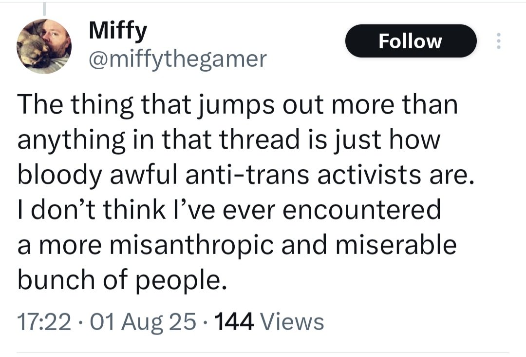 Women - demonstrate peacefully, write letters, speak to our MPs, crowdfund, use the courts.
TRAs - death &amp; rape threats, piss in the street, cheer about punching TERFS, smash up the health secretary's offices. He thinks he's a good person.