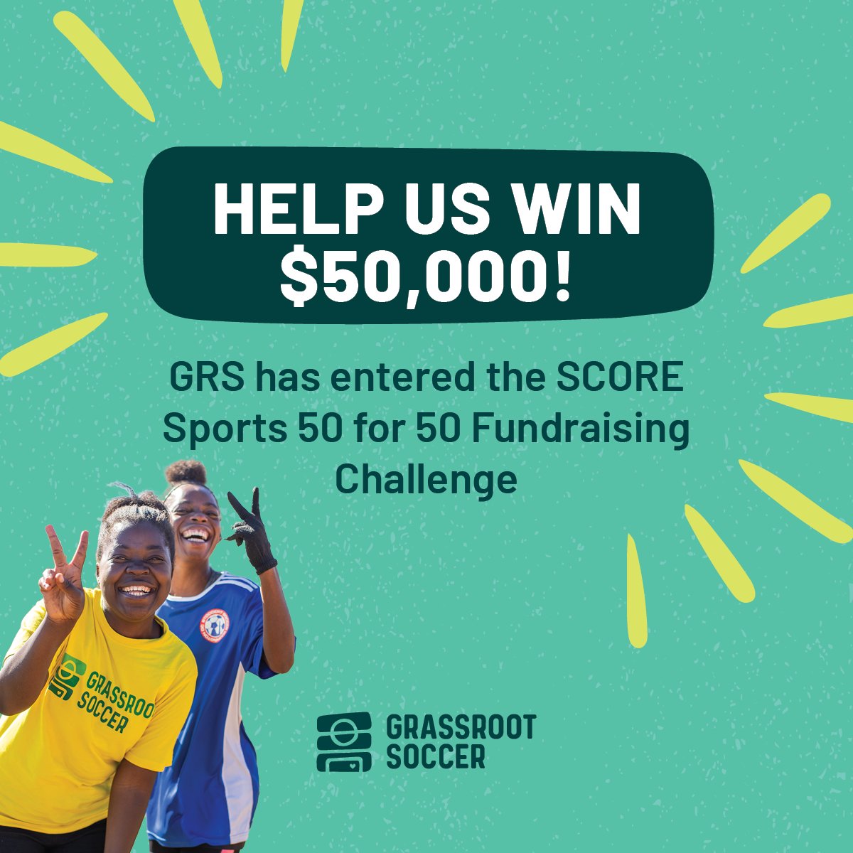 Grassroot Soccer (@grassrootsoccer) on Twitter photo 🚨 Exciting opportunity! We've entered the <a href="/SCORESports/">SCORE Sports</a>: 50 for 50 Fundraising Challenge – meaning that every donation made to Grassroot Soccer now until August 28 can help us win a $50,000 grand prize!
Make your donation at this link today!
givengain.com/campaign/grass… 🚨 Exciting opportunity! We've entered the <a href="/SCORESports/">SCORE Sports</a>: 50 for 50 Fundraising Challenge – meaning that every donation made to Grassroot Soccer now until August 28 can help us win a $50,000 grand prize!
Make your donation at this link today!
givengain.com/campaign/grass…