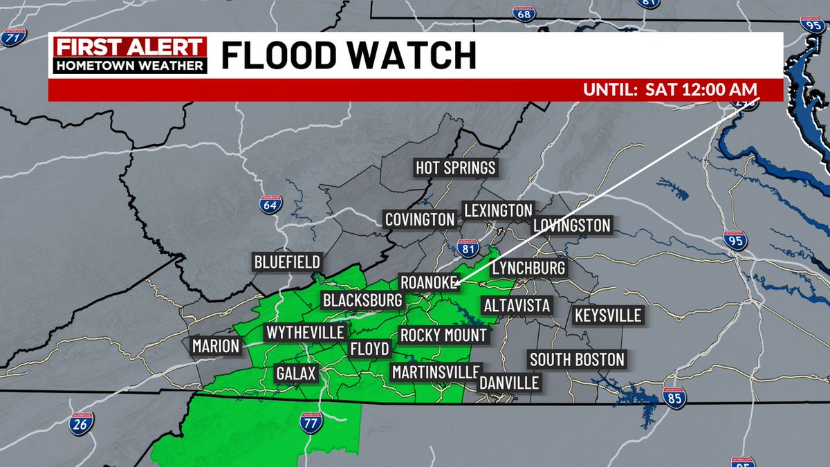⚠️ FLOOD WATCH issued until Midnight. Not all areas will see flooding rain, however, slow-moving downpours could lead to localized issues this afternoon and evening before the front moves out.