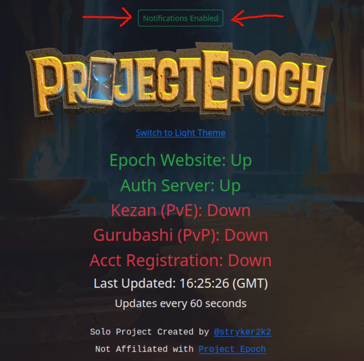 stryker2k2's tweet image. My #ProjectEpoch Status site now has notifications! epoch.strykersoft.us 🙂