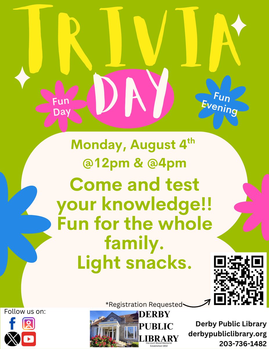 Come and test your knowledge!! Fun for the whole family! Light snacks provided.

NOTE: Registering here (bit.ly/3IPwrjZ) is only for the 4:00PM session.
