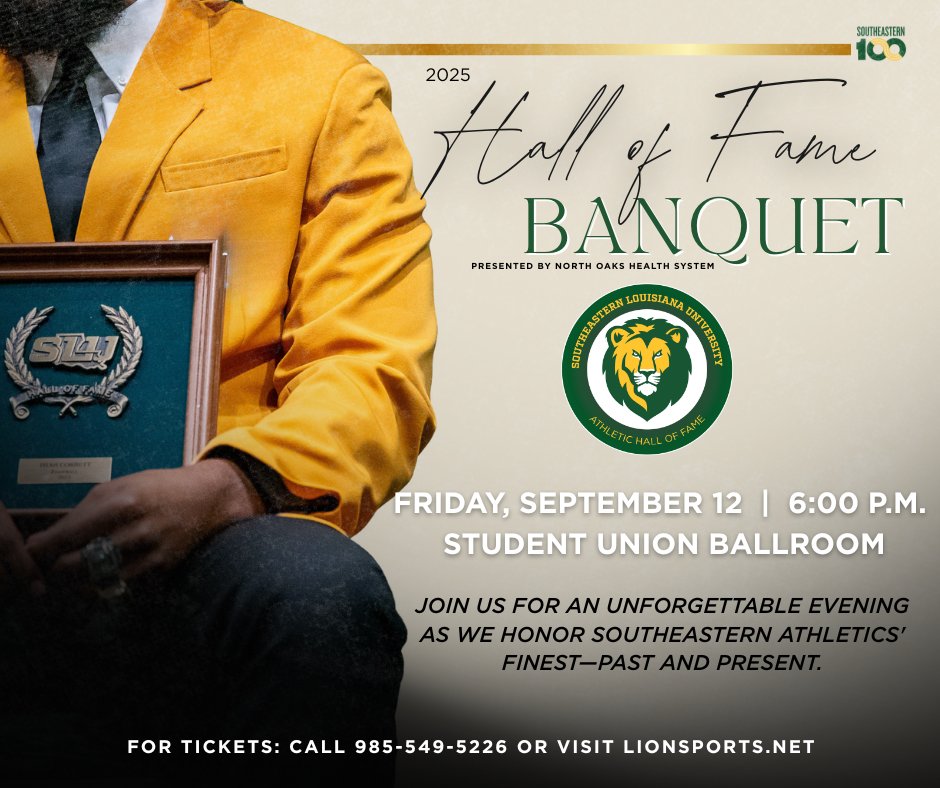Join us Friday, Sept. 12 to celebrate the induction of 6 Lion legends into the Southeastern Athletics Hall of Fame! 🏅
🍸 Cocktail Hour: 6 PM | Ceremony: 7 PM
🎟️ Limited seats available—get your tickets now!
lionsports.net/HOF