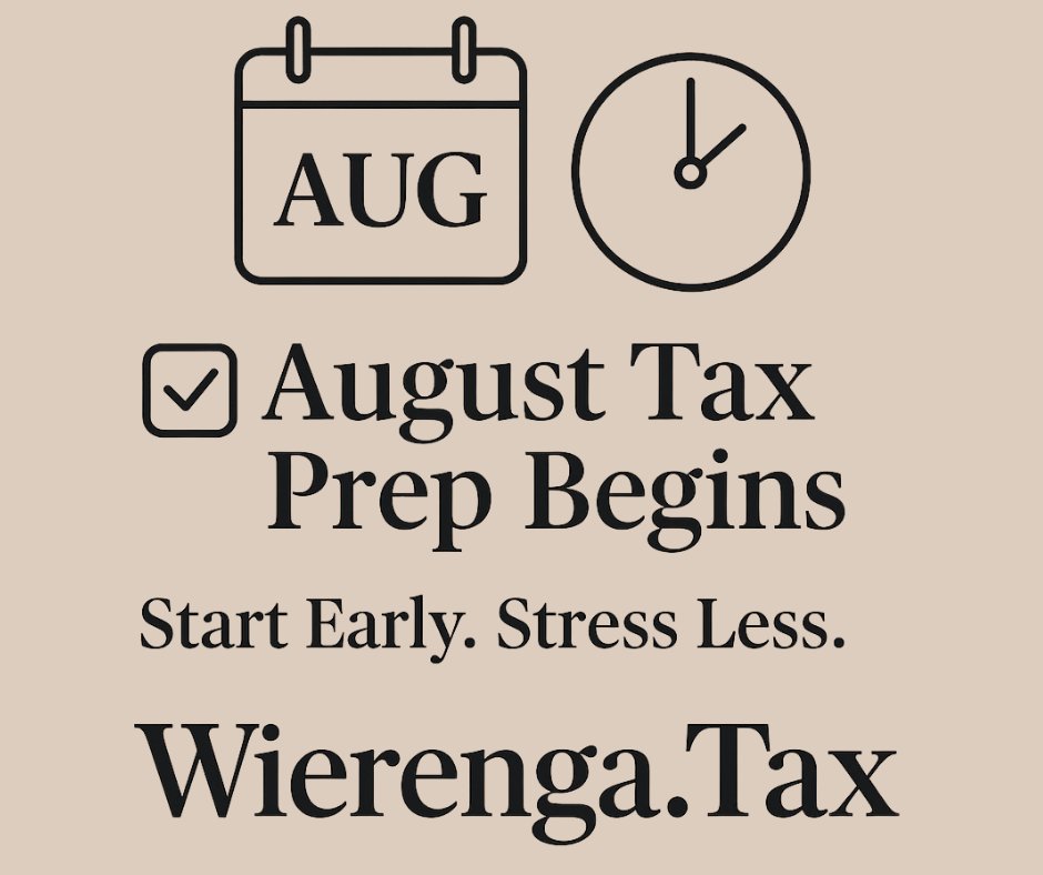 WierengaTax's tweet image. ✅ New month, fresh start.

August’s here—and so are your tax opportunities.
Get ahead of deadlines and avoid the rush.

Start your tax prep today with Wierenga.Tax — where peace of mind meets preparation.

#TaxPrep #AugustTaxes #FileEarly #WierengaTax #TaxSeasonReady…