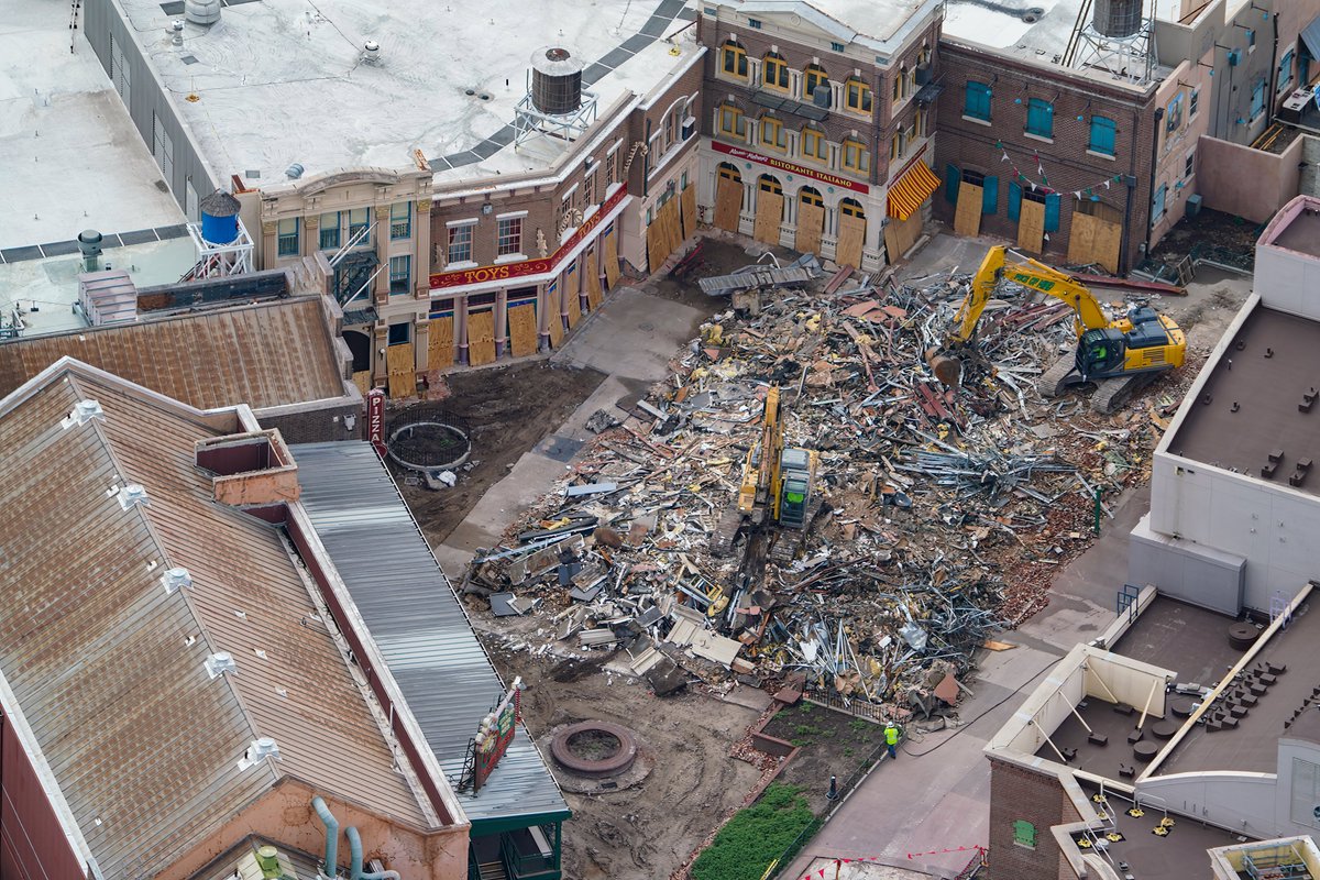 bioreconstruct's tweet image. Aerial photo of the demolition of the former Stage 1 Company Store in Disney's Hollywood Studios.