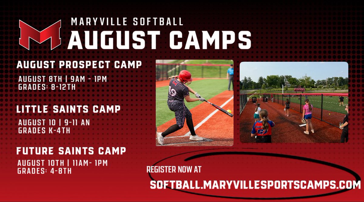 We are one week from our August Prospect Camp and Kids Camps! Come work with our staff and get to know what it’s like to play for Maryville. 

Register at softball.maryvillesportscamps.com 🐶