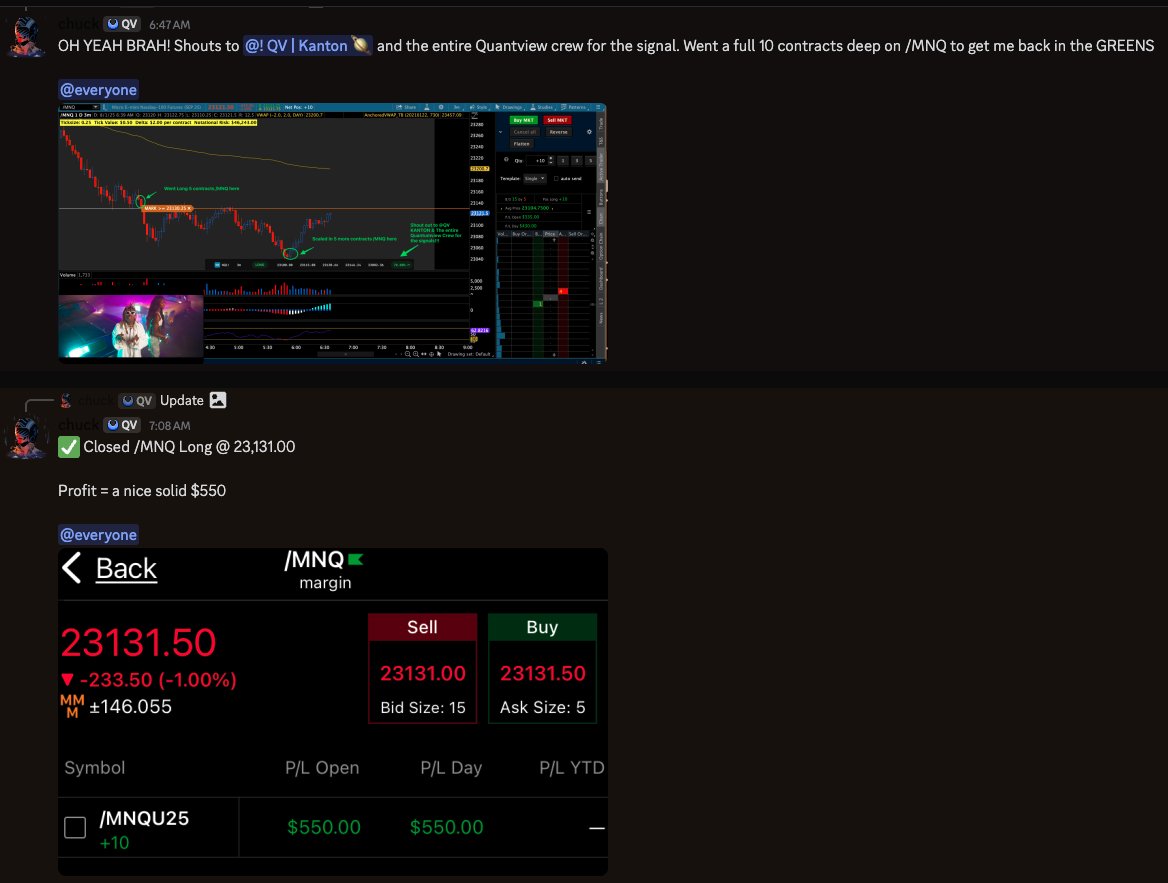 TheBagBrigade's tweet image. Showing love &amp;amp; Respectwhen it&apos;s due. SHOUT OUT TO |@QuantViewQV  and the entire crew for the signals!!! Just a quick $550 Profit. YA DIG?!

$NQ_F $ES_F $SPY $QQQ 

Come join @TheBagBrigade in our FREE Discord Community (Link in bio)💰