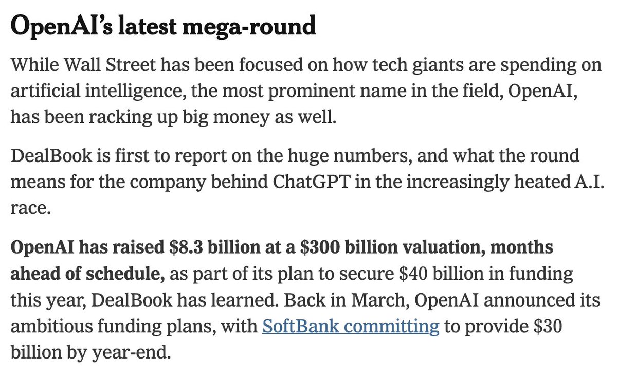 BREAKING: OPENAI RAISES $8.3B AT $300B VALUATION - PER NEW YORK TIMES