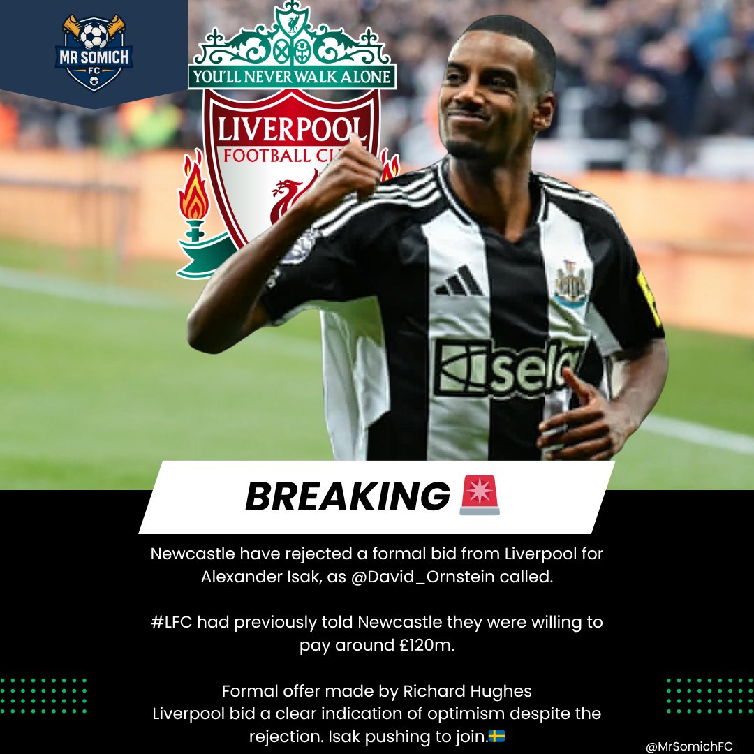 Liverpool bids 120m

Newcastle rejects 120m

Via <a href="/DavidOrnsttein/">David Ornstein</a>