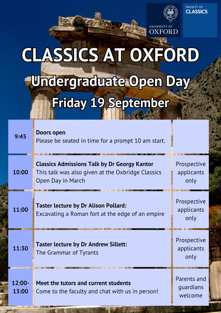 Oxford Classics Outreach (@oxfordclassics) on Twitter photo Come and visit us in the Faculty of Classics on the University of Oxford Open Day on Friday 19 September.
Please note that only prospective applicants will be able to attend the morning talks and taster lectures and parents will not be able to wait inside the faculty building. Come and visit us in the Faculty of Classics on the University of Oxford Open Day on Friday 19 September.
Please note that only prospective applicants will be able to attend the morning talks and taster lectures and parents will not be able to wait inside the faculty building.