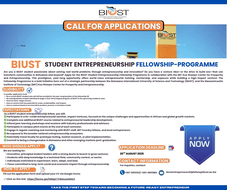 biustbw's tweet photo. 🚀 BIUST x MIT Student Entrepreneurship Fellowship is HERE!

📝 Apply now: https://t.co/zVohT6cN25
📧 biustentrepreneurshipfellow@biust.ac.bw
📞 +267 4931153 / +267 4931985

#BIUST #Entrepreneurship #StartUpBotswana #Innovation #BIUSTxMIT #FutureReady https://t.co/B9iK6Q2WnT