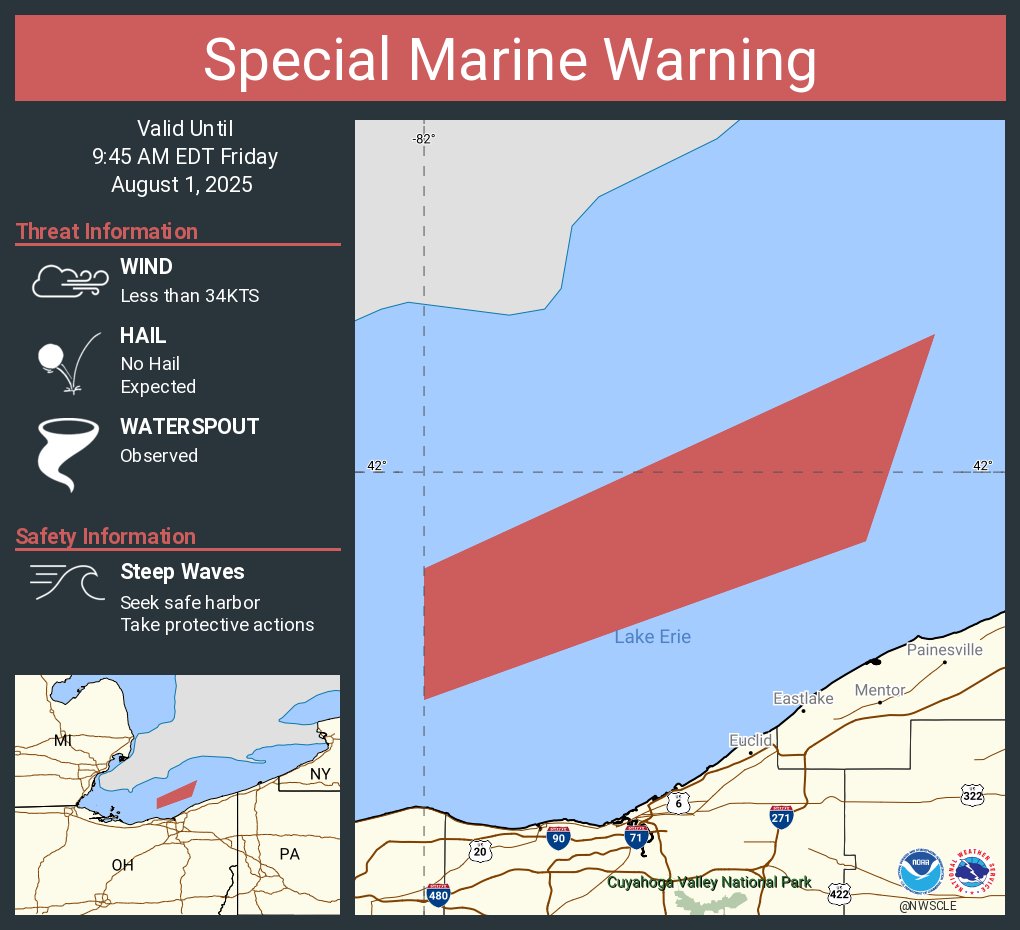 Special Marine Warning including the Willowick to Geneva-on-the-Lake OH beyond 5NM off shoreline to US-Canadian border and Avon Point to Willowick OH beyond 5 nm off shoreline to US-Canadian border until 9:45 AM EDT