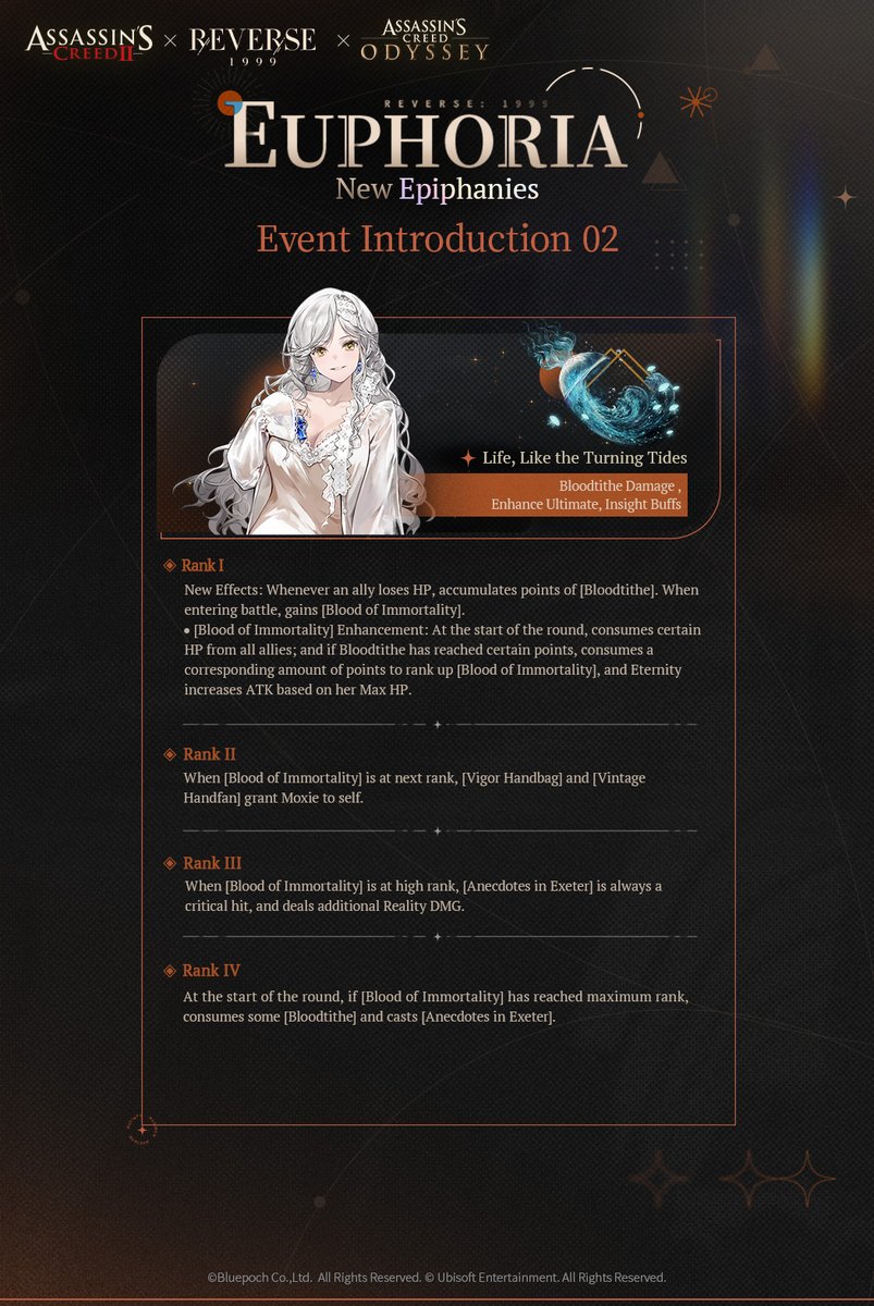 Reverse1999_GL's tweet photo. Character Enhancement System:
Euphoria - New Epiphanies Introduction

▼Time
After the version update on 2025-08-07 (UTC-5)

▼Characters available in This Version
Marcus, Eternity, Vila

#Reverse1999 #AssassinsCreed #Reverse1999AssassinsCreedCollab #Marcus #Eternity #Vila https://t.co/S6Dpf2f2Wl