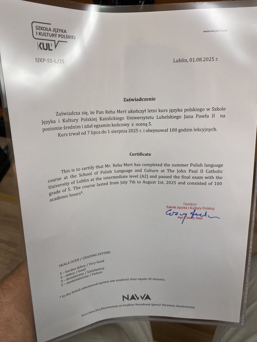 Lublin Katolik Üniversitesi'nden A2 seviyesinden Lehçe sertifikamı aldım