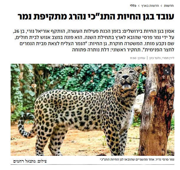 טרגדיה נוראית בגן החיות התנכי בירושלים -
עובד נהרג ע״י נמר שהפתיע אותו בחצר הנמרים. 
צריך לזכור שחיות טרף כאלה הם בעלות יכול הריגה חזקה ומהירה .
בעזרת הלסתות החזקות והשיניים האימתניות, הם אוחזים בקורבן בצווארו וממיתים אותו במהירות. 
מבחינת הנמר הוא פעל עפ״י אינסטינקט קדמון ותקף