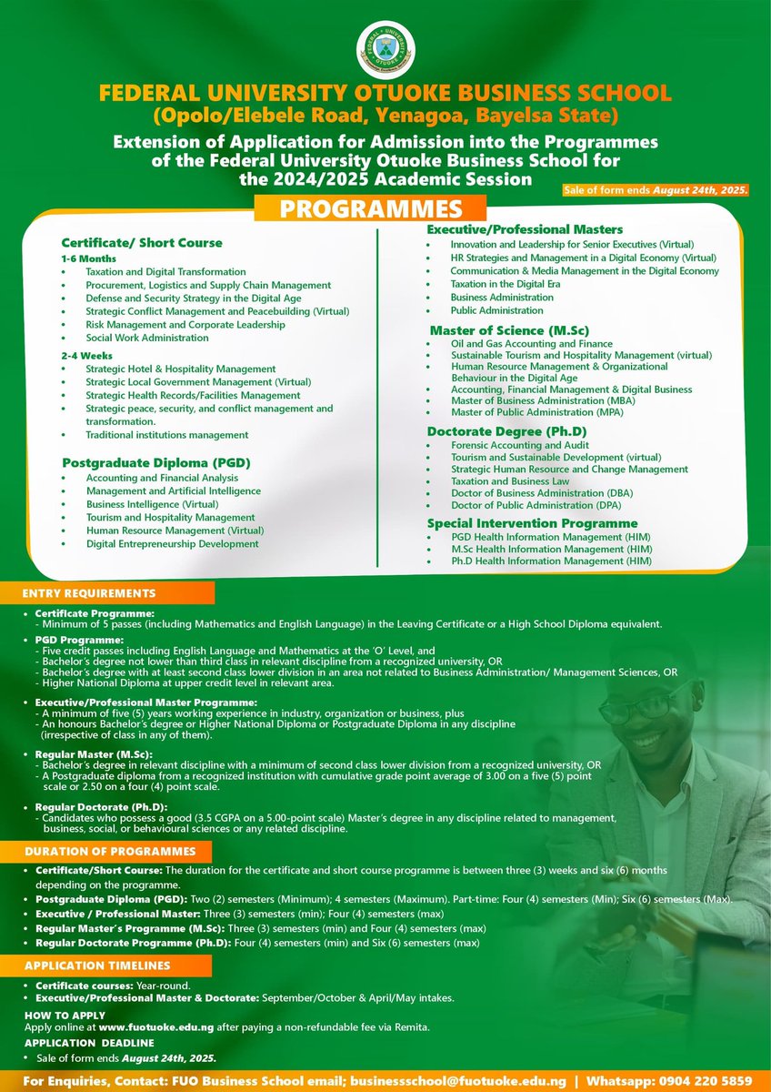 📢 Federal University Otuoke Business School has extended its application deadline for all programmes to August 24, 2025. Don't miss your chance to apply! 🎓 #FUOtuoke #BusinessSchool #ApplyNow
