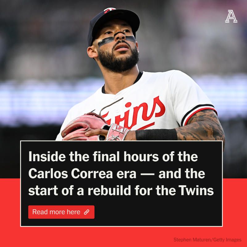 TheAthletic's tweet photo. Carlos Correa, the Twins’ $200M shortstop, had questions for president of baseball ops, Derek Falvey.

Would the Twins be sellers at the trade deadline? What's the plan for the future?

“The direction we are going is not the one you signed up for.”

Inside their final hours ⤵️