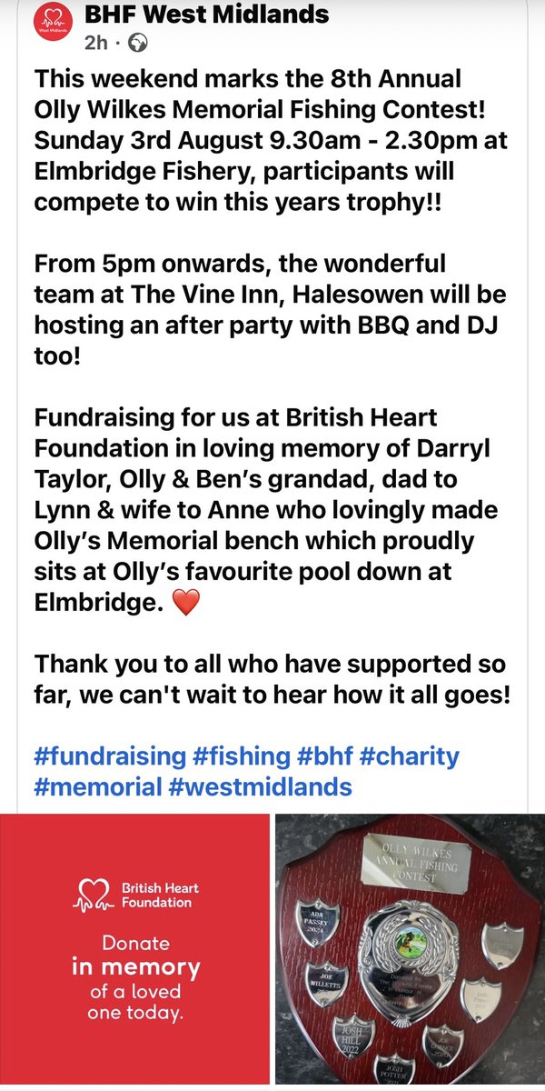 simonwilkes13's tweet image. ALL WELCOME to join us for “Our Olly’s” Annual Memorial Fishing Contest 2025 this Sunday 3rd August. As always the contest is taking place at Elmbridge Fishery &amp;amp; then it’s back to The Vine, Lyde Green for Charity BBQ, DJ &amp;amp; raffle draw. “Our Olly” in our hearts forever ❤️🎣❤️🎣xx