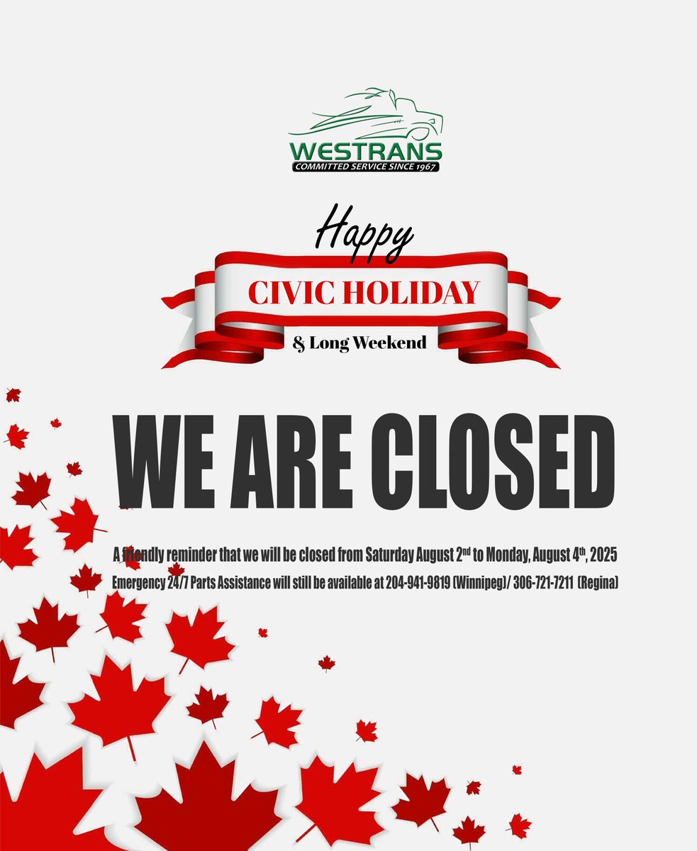 🚨 Reminder: Civic Holiday Hours! 🚨 We're shifting our hours for the long weekend. Make sure to plan accordingly! Full details here: westrans.com