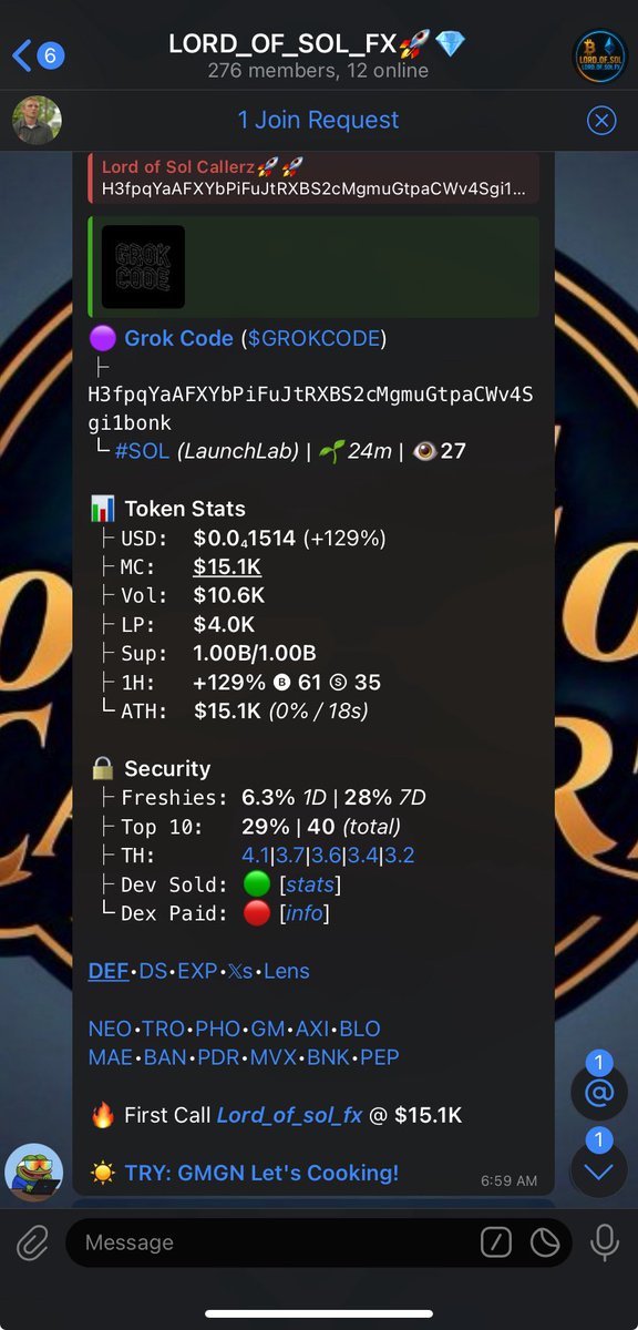 lord_of_sol9's tweet image. ­🟣 Grok Code #GROKCODE
├ 
Ca:
H3fpqYaAFXYbPiFuJtRXBS2cMgmuGtpaCWv4Sgi1bonk
└ #SOL (LaunchLab) | 🌱24m | 👁️27

📊 Token Stats
 ├ USD:  $0.0₄1514 (+129%)
 ├ MC:   $15.1K