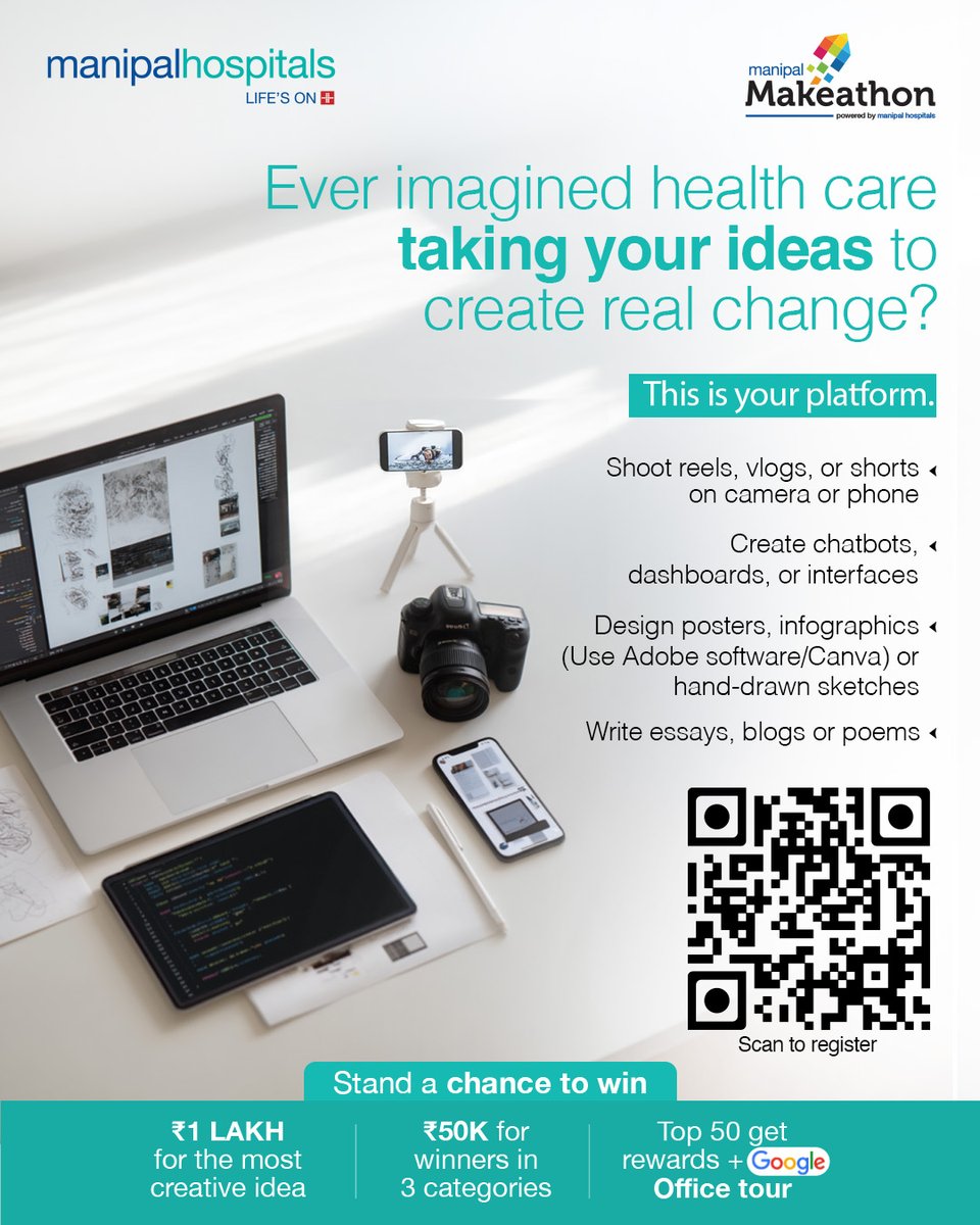 ManipalHealth's tweet image. Your creativity can shape the future of healthcare! we have a platform for you with Manipal Makeathon.
Film, build, sketch, or blog your idea.
Win prizes + a Google Office Tour!
Submit by Aug 25
Tag @manipalcommunityconnect
#ManipalMakeathon2025 #CreateForChange
Check comments⬇️