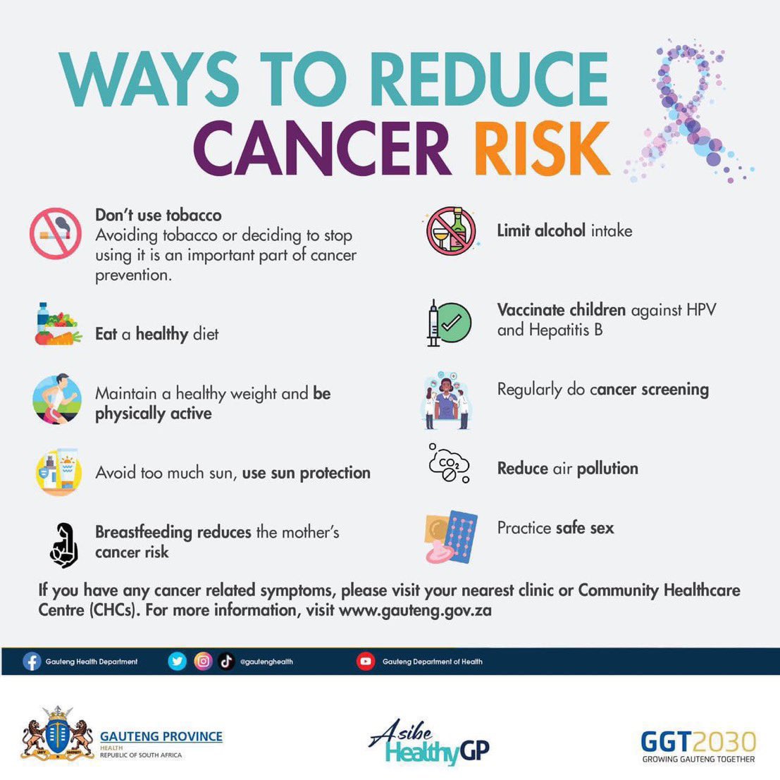 Tips to consider in order to reduce your cancer risk #AsibeHealthyGP
#CancerAwareness