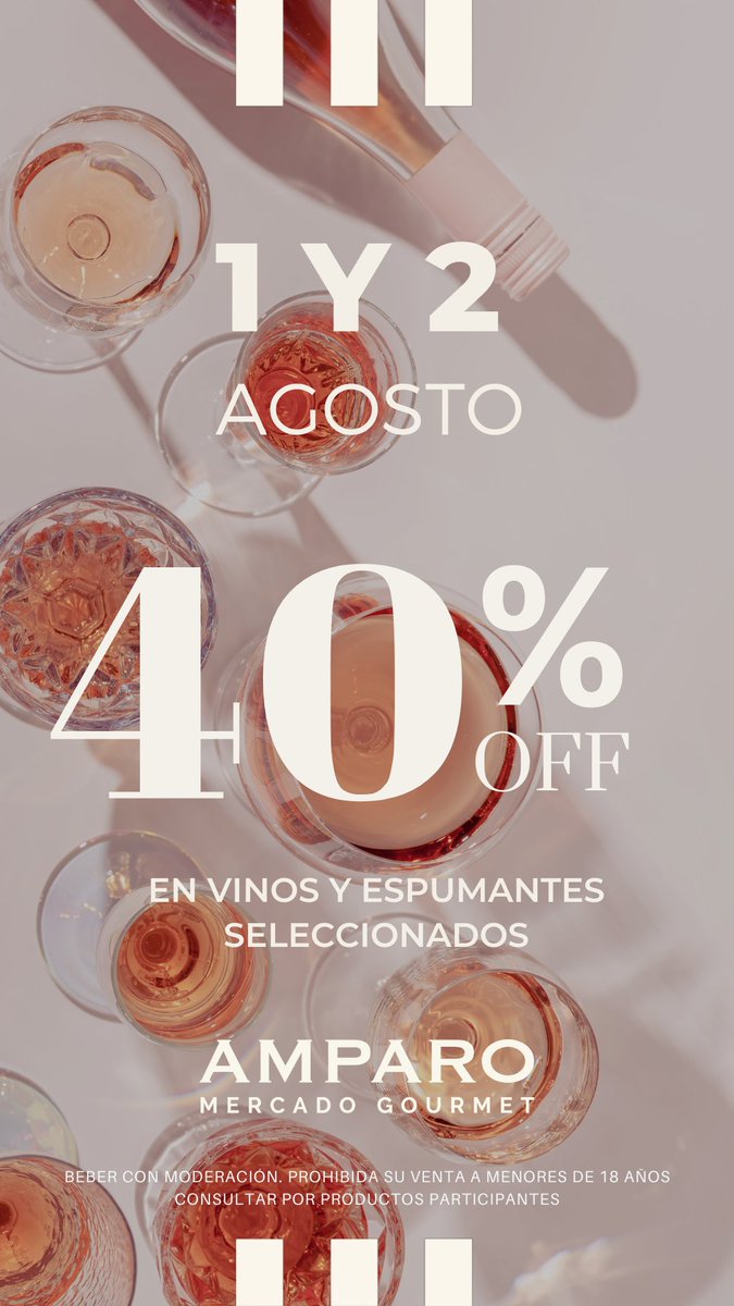 🍷 ¡1 y 2 de agosto brindamos con vos!
Aprovechá un 40% OFF en vinos y espumantes seleccionados.
Solo en Amparo Mercado Gourmet.
✨ Elegí calidad. Elegí Amparo.
#Vinos #Promo #Agosto #AmparoMercadoGourmet