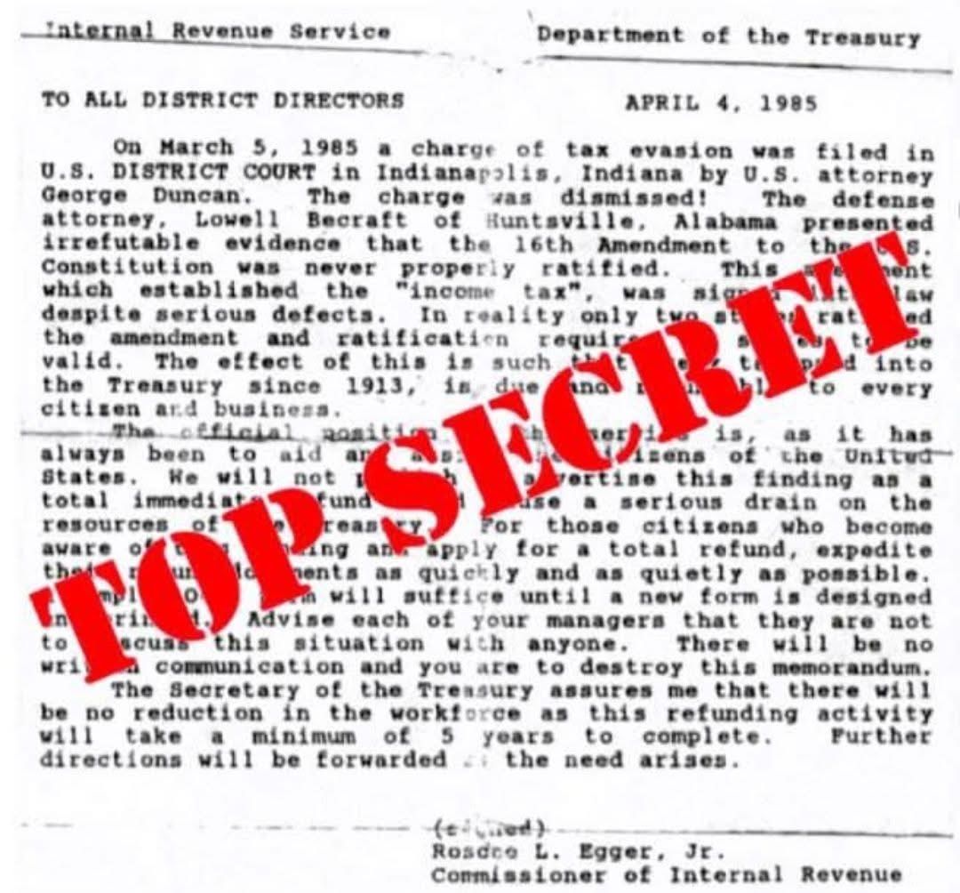IRS BOMBSHELL: THE 16TH AMENDMENT WAS NEVER RATIFIED – $330 TRILLION STOLEN!

THE BIGGEST THEFT IN AMERICAN HISTORY HAS BEEN EXPOSED. A CONFIDENTIAL 1985 letter from a sitting IRS Commissioner just confirmed what we've been screaming for DECADES: THE 16TH AMENDMENT WAS NEVER