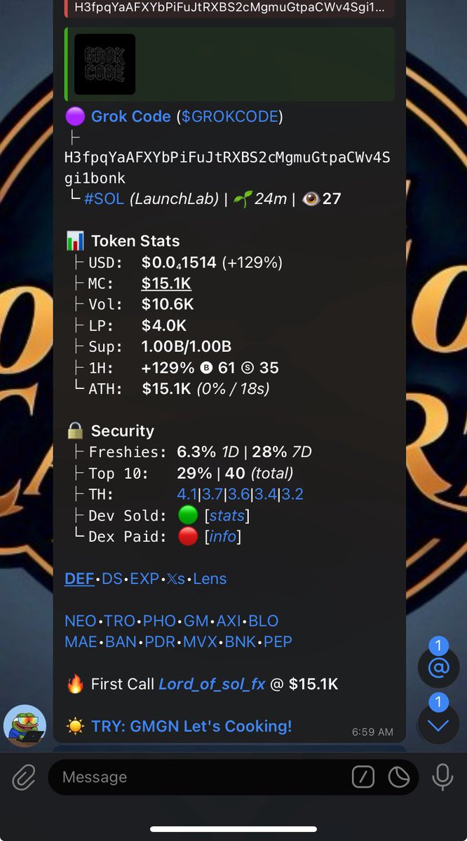 fox_caller's tweet image. 🟣 Grok Code #GROKCODE
├ 
Ca:
H3fpqYaAFXYbPiFuJtRXBS2cMgmuGtpaCWv4Sgi1bonk
└ #SOL (LaunchLab) | 🌱24m | 👁️27
📊 Token Stats
 ├ USD:  $0.0₄1514 (+129%)
 ├ MC:   $15.1K