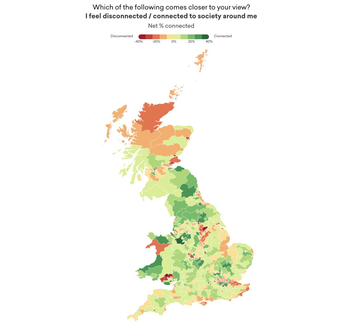 Luke Tryl (@luketryl) on Twitter photo How do feelings of connection vary across Britain? As part of the 'This Place Matters' project with <a href="/UCLPolicyLab/">UCL Policy Lab</a> and <a href="/CitizensUK/">Citizens UK</a> we produced a connection MRP based on polling of 13,000 people. The map below shows in which areas people are likely to feel most/least connected. How do feelings of connection vary across Britain? As part of the 'This Place Matters' project with <a href="/UCLPolicyLab/">UCL Policy Lab</a> and <a href="/CitizensUK/">Citizens UK</a> we produced a connection MRP based on polling of 13,000 people. The map below shows in which areas people are likely to feel most/least connected.