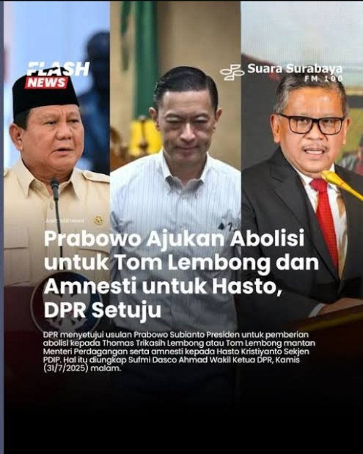 PartaiSocmed's tweet image. Abolisi dan Amnesti bukan berarti penerimanya tidak bersalah. Adanya abolisi diberikan oleh Presiden Prabowo kepada Tom Lembong dan Amnesti kepada Hasto setelah keduanya divonis bersalah itu sebenarnya penuh makna.