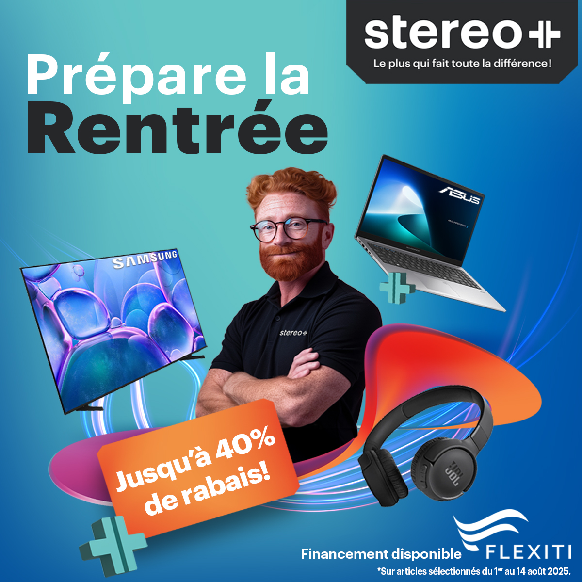 stereoplus's tweet photo. Préparez-vous pour la rentrée avec Stereo+ 
du 1er au 14 août profitez de rabais jusqu'à 40%.
Consultez nos offres au https://t.co/ZyCi67zCyW
Financement disponible https://t.co/GOC2J46XGy