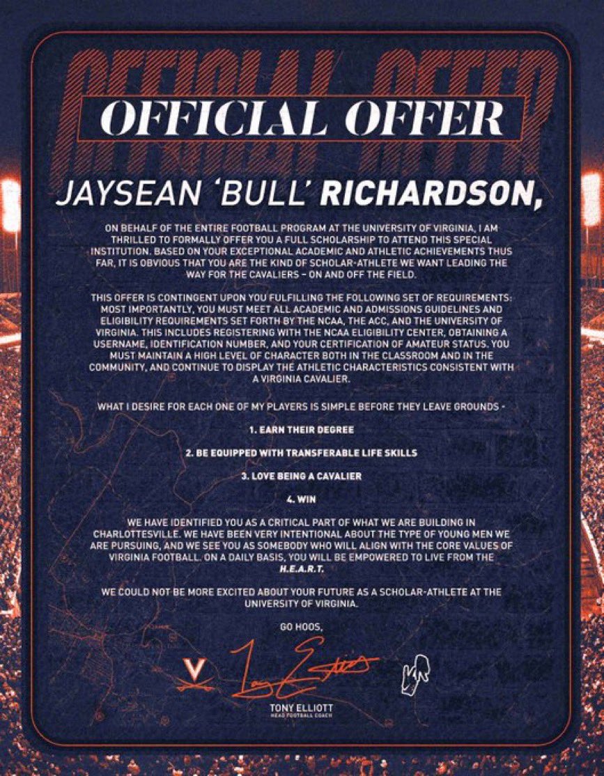 JaySean “Bull” Richardson (@feedabull21) on Twitter photo Blessed to receive my official offer from the university of Virginia! <a href="/Coach_TElliott/">Tony Elliott</a> <a href="/coachdowning1/">Kevin Downing</a> <a href="/coachmlew/">Coach Marcus Lewis</a> <a href="/KeBangga/">KeRon Dixon</a> <a href="/RecruitingVHSFB/">Varina HS Football Recruiting</a> Blessed to receive my official offer from the university of Virginia! <a href="/Coach_TElliott/">Tony Elliott</a> <a href="/coachdowning1/">Kevin Downing</a> <a href="/coachmlew/">Coach Marcus Lewis</a> <a href="/KeBangga/">KeRon Dixon</a> <a href="/RecruitingVHSFB/">Varina HS Football Recruiting</a>