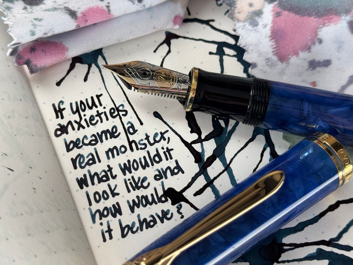 InkJournal's tweet photo. If your anxieties became a real monster what would it look like and how would it behave?

Pen: Pelikan Souverän 800 Blue O’ Blue, M Nib
Ink: Diamine tariff teal

#inkyprompts #fountainpen  #pelikan https://t.co/CkKIvaXDZN