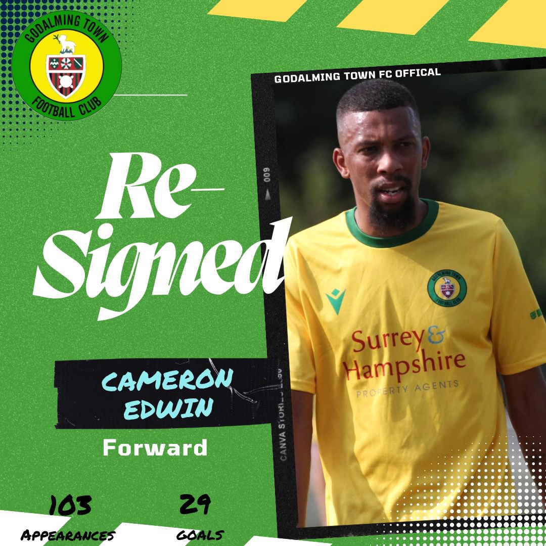 Godalming Town FC (@godalmingtown) on Twitter photo 𝐀 𝐂𝐞𝐧𝐭𝐮𝐫𝐢𝐨𝐧 𝐰𝐡𝐨 𝐥𝐞𝐚𝐝𝐬 𝐟𝐫𝐨𝐦 𝐭𝐡𝐞 𝐟𝐫𝐨𝐧𝐭.
In the trenches. In the build-up. In the goals. Now, back in yellow.
With over 100 appearances, the boy is becoming a talisman at the Bill Kyte - we’re delighted he’s back.
<a href="/Cameronedwin9/">Cameron Edwin</a> 𝒓𝒆𝒎𝒂𝒊𝒏𝒔 𝒂 𝑮. 𝐀 𝐂𝐞𝐧𝐭𝐮𝐫𝐢𝐨𝐧 𝐰𝐡𝐨 𝐥𝐞𝐚𝐝𝐬 𝐟𝐫𝐨𝐦 𝐭𝐡𝐞 𝐟𝐫𝐨𝐧𝐭.
In the trenches. In the build-up. In the goals. Now, back in yellow.
With over 100 appearances, the boy is becoming a talisman at the Bill Kyte - we’re delighted he’s back.
<a href="/Cameronedwin9/">Cameron Edwin</a> 𝒓𝒆𝒎𝒂𝒊𝒏𝒔 𝒂 𝑮.