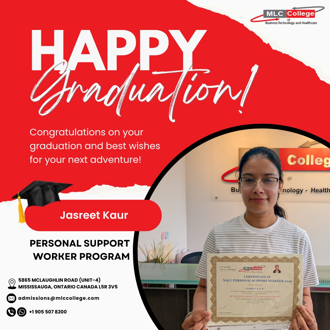 CanadaMlc's tweet image. Big congrats to Jasreet Kaur on graduating from the Personal Support Worker Program at MLC College! 🏆
Wishing you nothing but success and happiness as you start this new chapter. You did it! 🚀💼
#ProudGraduate #MLCCollege #GraduationDay #SupportWorker #NextChapter #ClassOf2025
