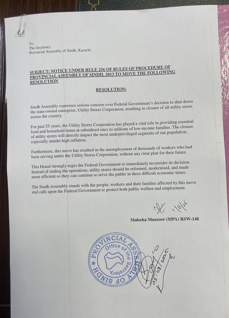 MaleehaManzoor's tweet image. I have submitted a resolution in the Sindh Assembly addressing the shutdown of Utility Stores Corporation, which has led to  closure of all utility stores nationwide. This decision has left almost 12,000 employees unemployed. The USC, established by Shaheed Zulfikar Ali Bhutto to…