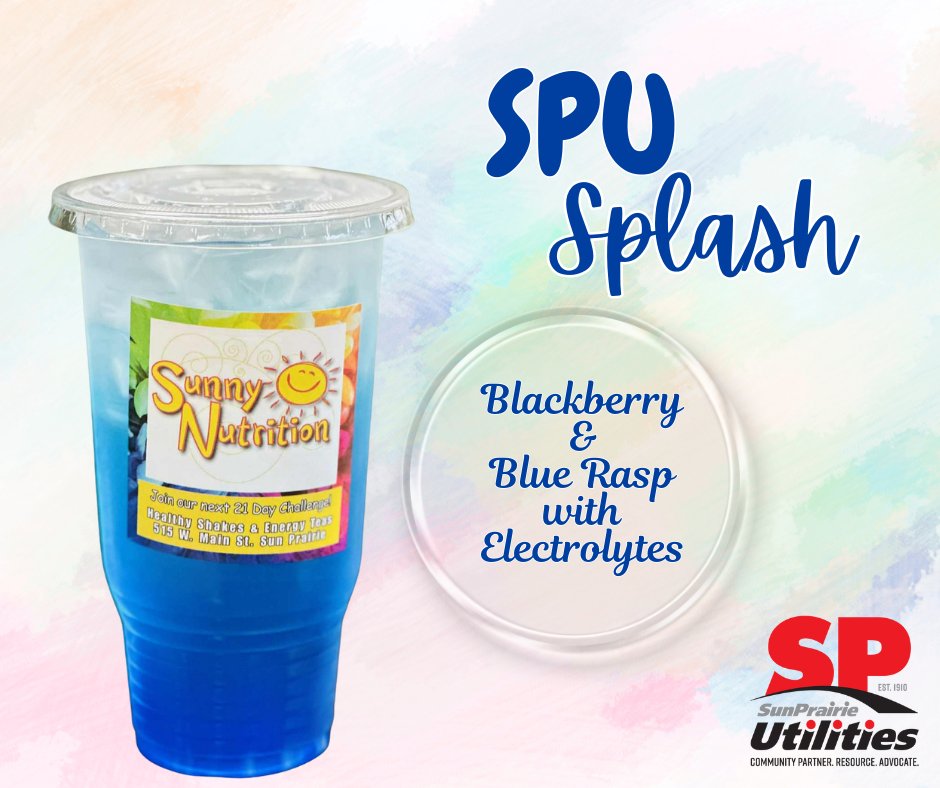 SPUtilities's tweet image. We&apos;ve partnered with Sunny Nutrition to create a water department-themed drink for the month of August to celebrate our water crew! SPU Splash! Enjoy the infusion of blackberry and blue raspberry with electrolytes. It&apos;s a faucet-nating beverage you won&apos;t want to miss! #SunPrairie