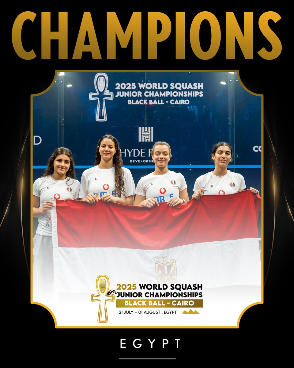 TEN WORLD CHAMPIONSHIPS IN A ROW! 🏆

An incredible achievement by Egypt's women as they win their TENTH successive World Squash Junior Team Championship title

🇪🇬 [1] Egypt 2-0 Hong Kong, China [2] 🇭🇰
Orfi 3-0 Cheung
Elhammamy 3-0 Kwong

#WorldJuniorsSquash