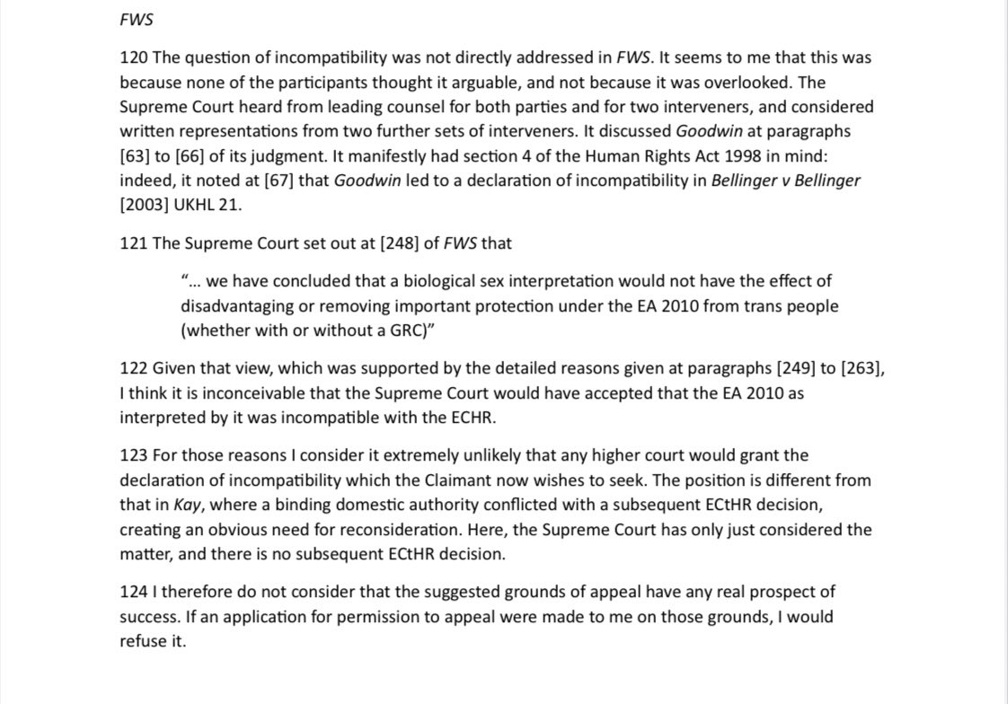 This judgment about sex/gender discrimination and participation in a specific sport also contains a cold water dousing of the wider argument that the FWS judgment is incompatible with the ECHR. Crowdfunding promoters in other cases arguing this should alert their supporters to it